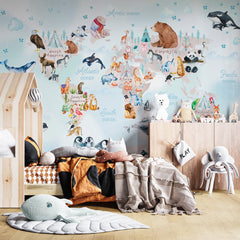 Custom  Kids World Map for Toddlers with Animals Wall Mural Globe Wallpaper for Kids