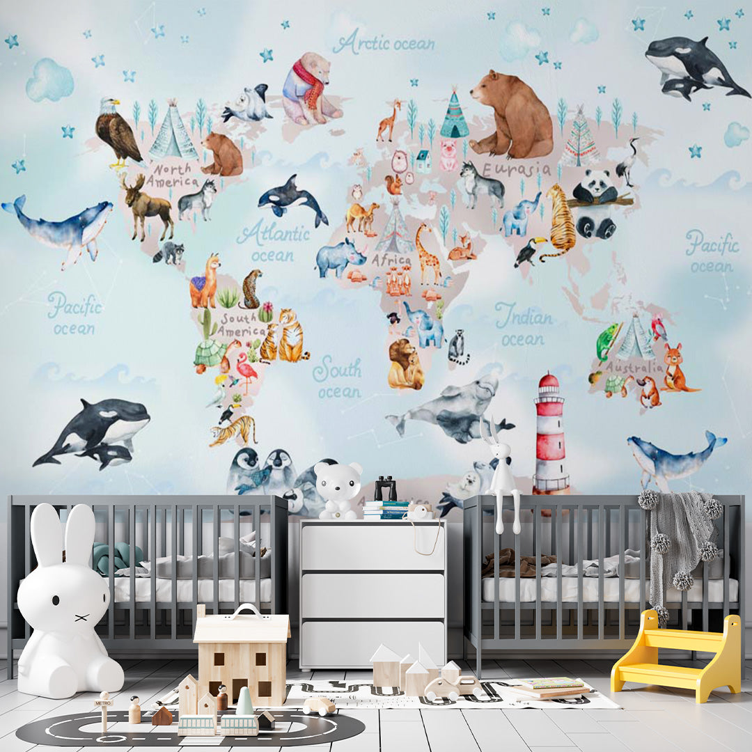 Kids World Map for Toddlers with Animals Wall Mural Globe Wallpaper for Kids