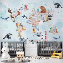 Custom  Kids World Map for Toddlers with Animals Wall Mural Globe Wallpaper for Kids