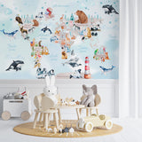 Kids World Map for Toddlers with Animals Wall Mural Globe Wallpaper for Kids