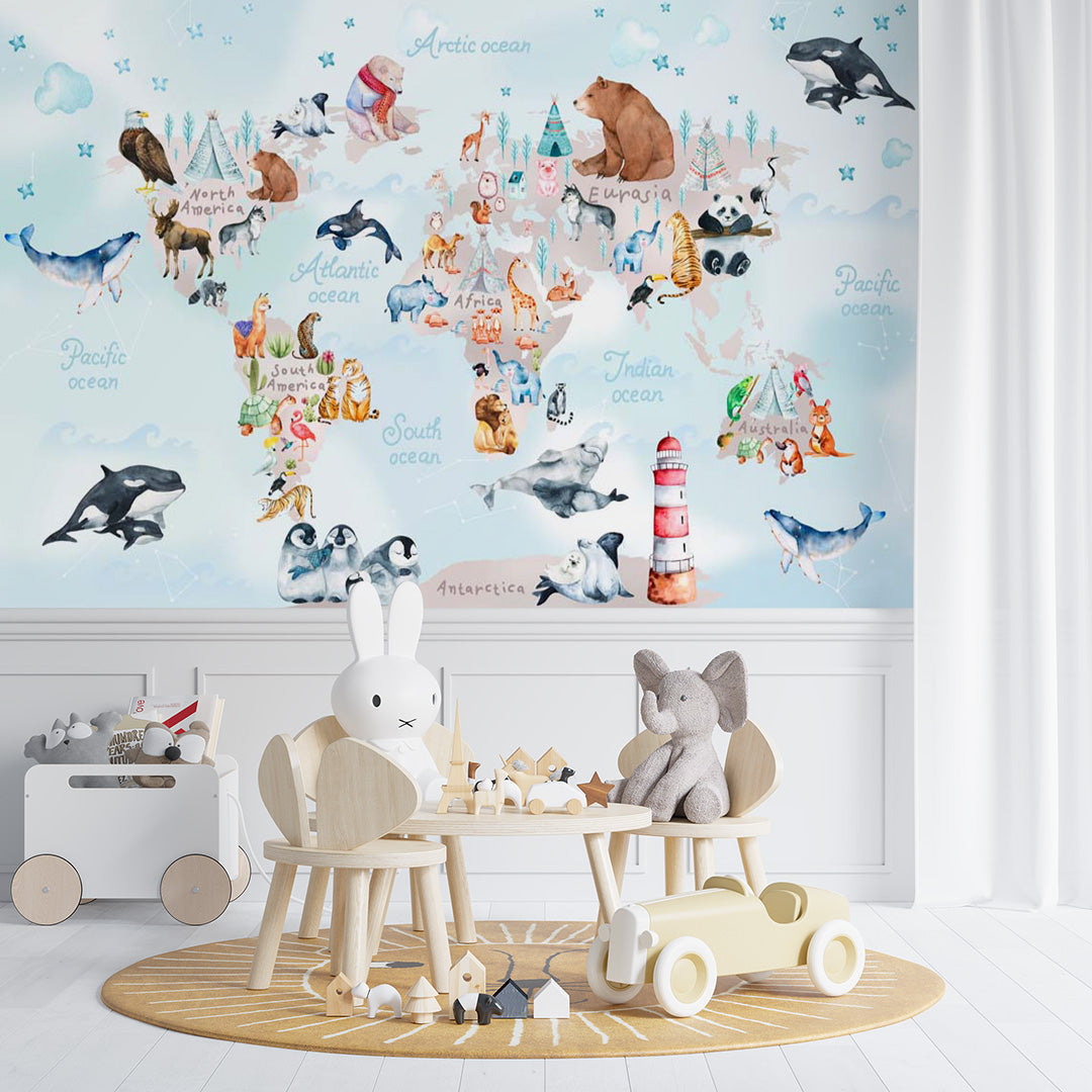 Custom  Kids World Map for Toddlers with Animals Wall Mural Globe Wallpaper for Kids