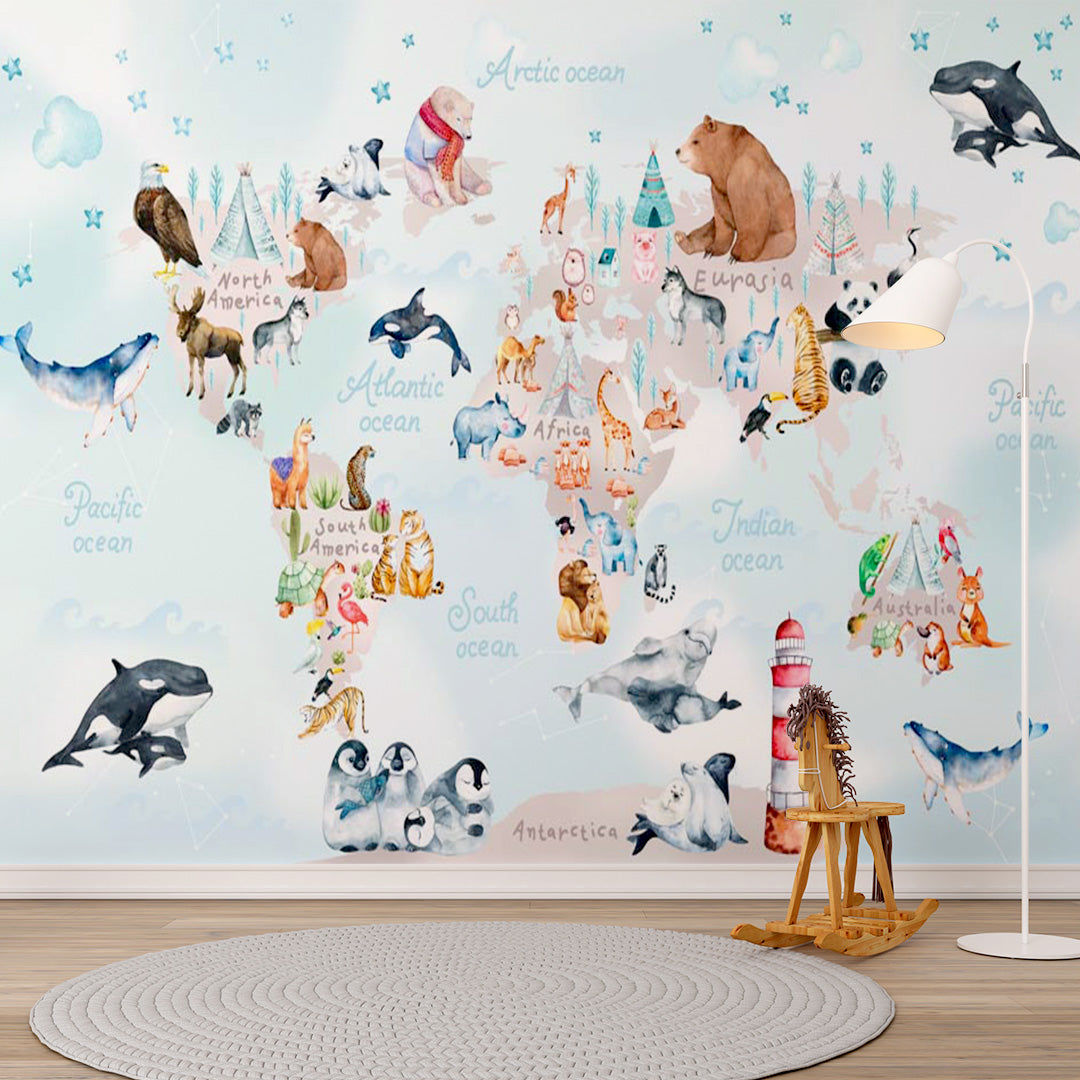 Kids World Map for Toddlers with Animals Wall Mural Globe Wallpaper for Kids