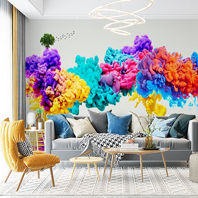 Surreal Color Explosion Wall Mural Wallpaper - Vibrant Smoke Clouds Over Water with Sailboats