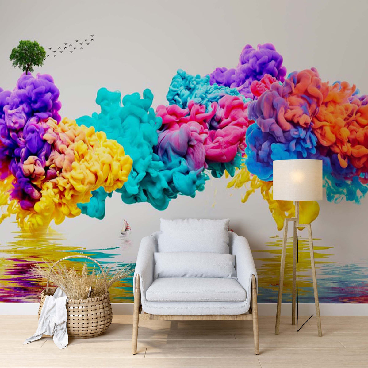 Custom Abstract Wall Mural Ink in Water Bright Colorful Smoke Wallpaper