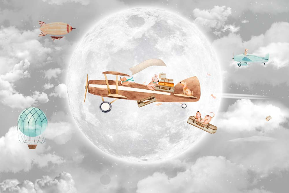 Kids Wall Mural Full Moon Night Sky Airplane with Animals Wallpaper for Kids