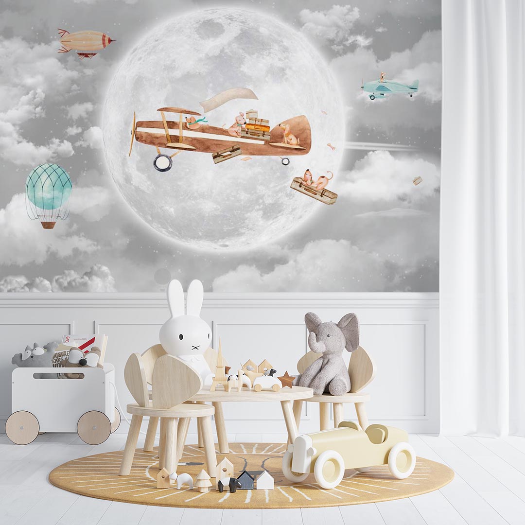 Kids Wall Mural Full Moon Night Sky Airplane with Animals Wallpaper for Kids