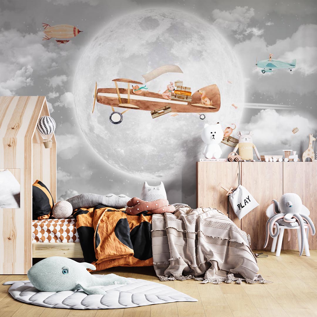 Kids Wall Mural Full Moon Night Sky Airplane with Animals Wallpaper for Kids