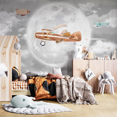 Custom Kids Wall Mural Full Moon Night Sky Airplane with Animals Wallpaper for Kids