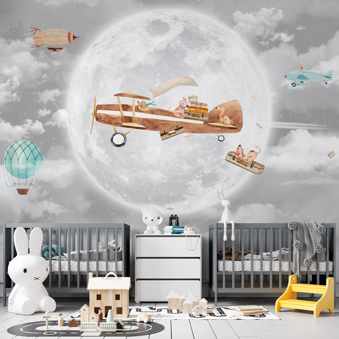 Kids Wall Mural Full Moon Night Sky Airplane with Animals Wallpaper for Kids