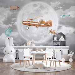 Custom Kids Wall Mural Full Moon Night Sky Airplane with Animals Wallpaper for Kids