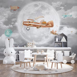 Kids Wall Mural Full Moon Night Sky Airplane with Animals Wallpaper for Kids