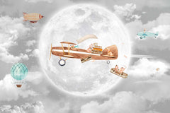 Custom Kids Wall Mural Full Moon Night Sky Airplane with Animals Wallpaper for Kids