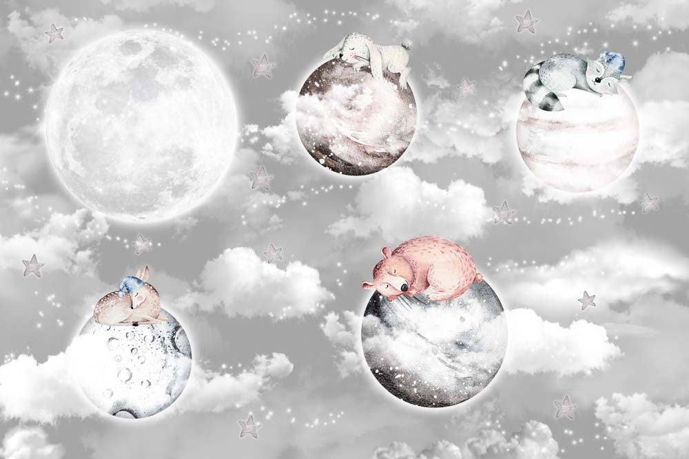 Kids Wall Mural Fairy Space Cloud Sky Planets with Cute Animals Nursery Wallpaper