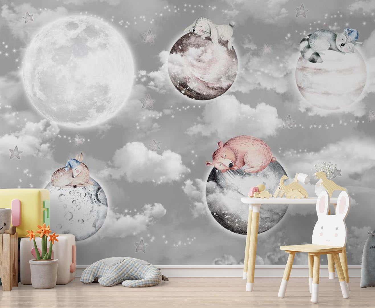 Kids Wall Mural Fairy Space Cloud Sky Planets with Cute Animals Nursery Wallpaper