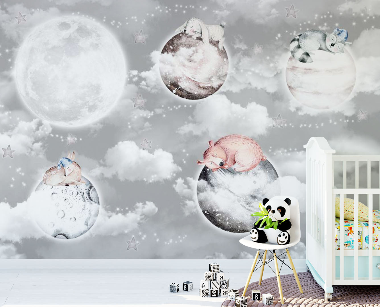 Kids Wall Mural Fairy Space Cloud Sky Planets with Cute Animals Nursery Wallpaper