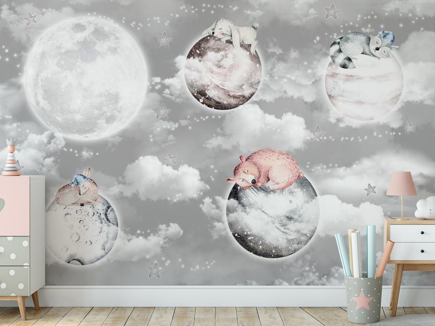 Kids Wall Mural Fairy Space Cloud Sky Planets with Cute Animals Nursery Wallpaper