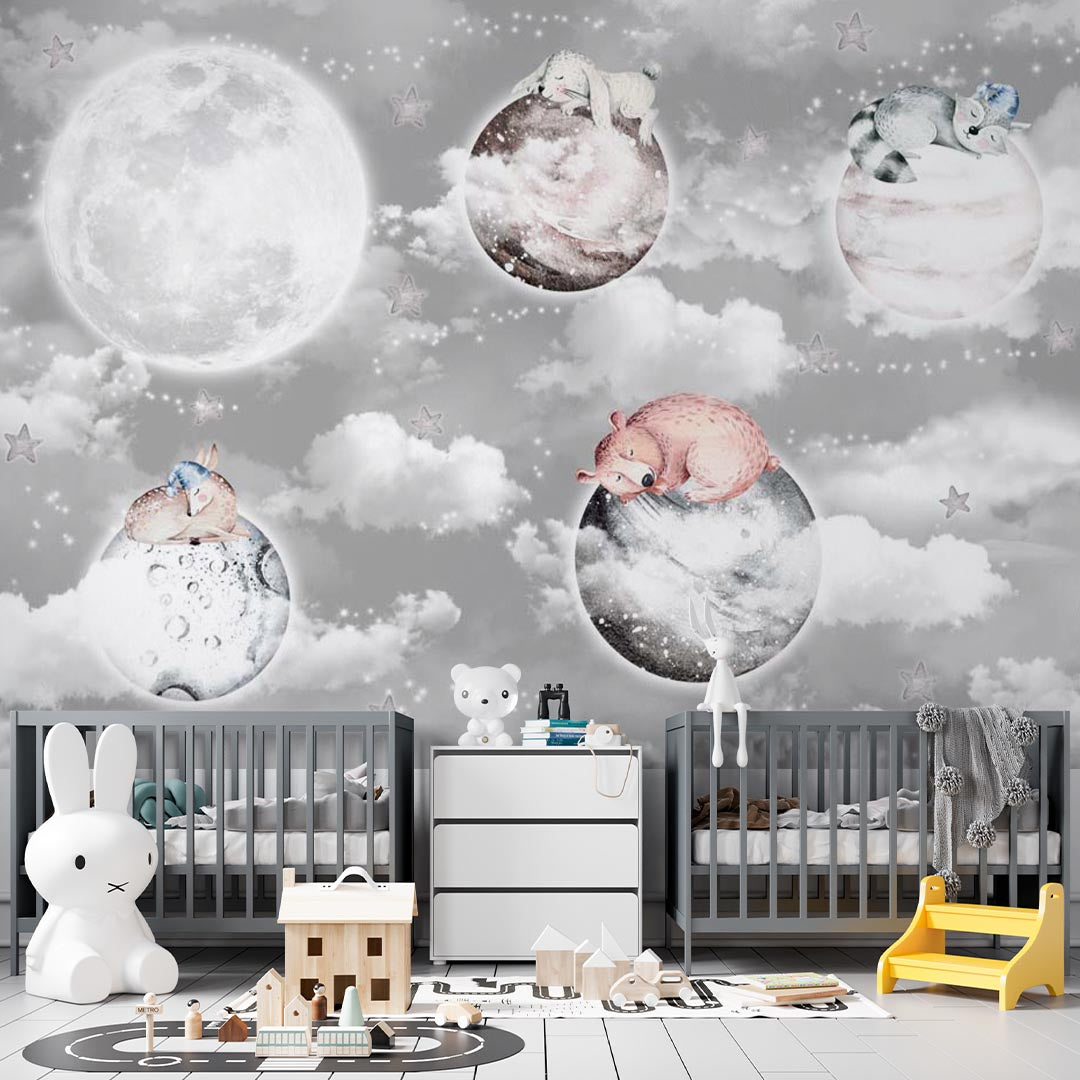 Kids Wall Mural Fairy Space Cloud Sky Planets with Cute Animals Nursery Wallpaper