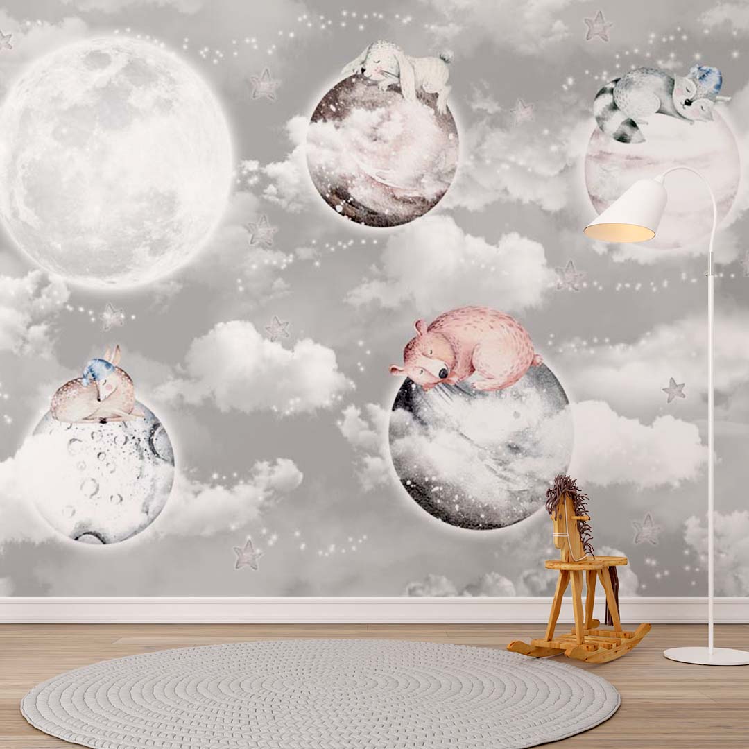 Kids Wall Mural Fairy Space Cloud Sky Planets with Cute Animals Nursery Wallpaper