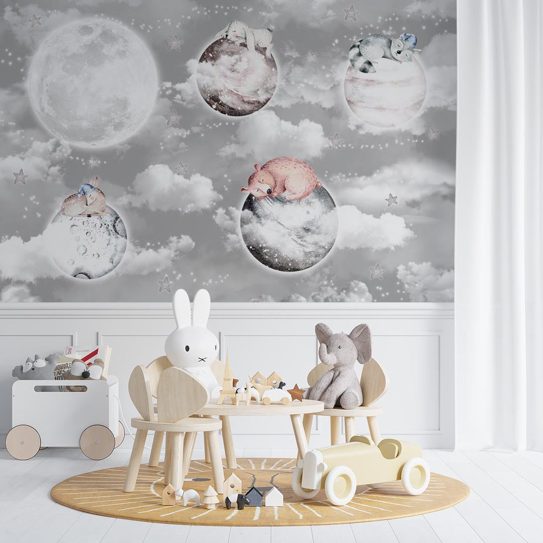 Kids Wall Mural Fairy Space Cloud Sky Planets with Cute Animals Nursery Wallpaper