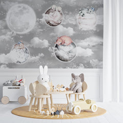 Custom Kids Wall Mural Fairy Space Cloud Sky Planets with Cute Animals Nursery Wallpaper