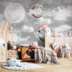 Custom Kids Wall Mural Fairy Space Cloud Sky Planets with Cute Animals Nursery Wallpaper