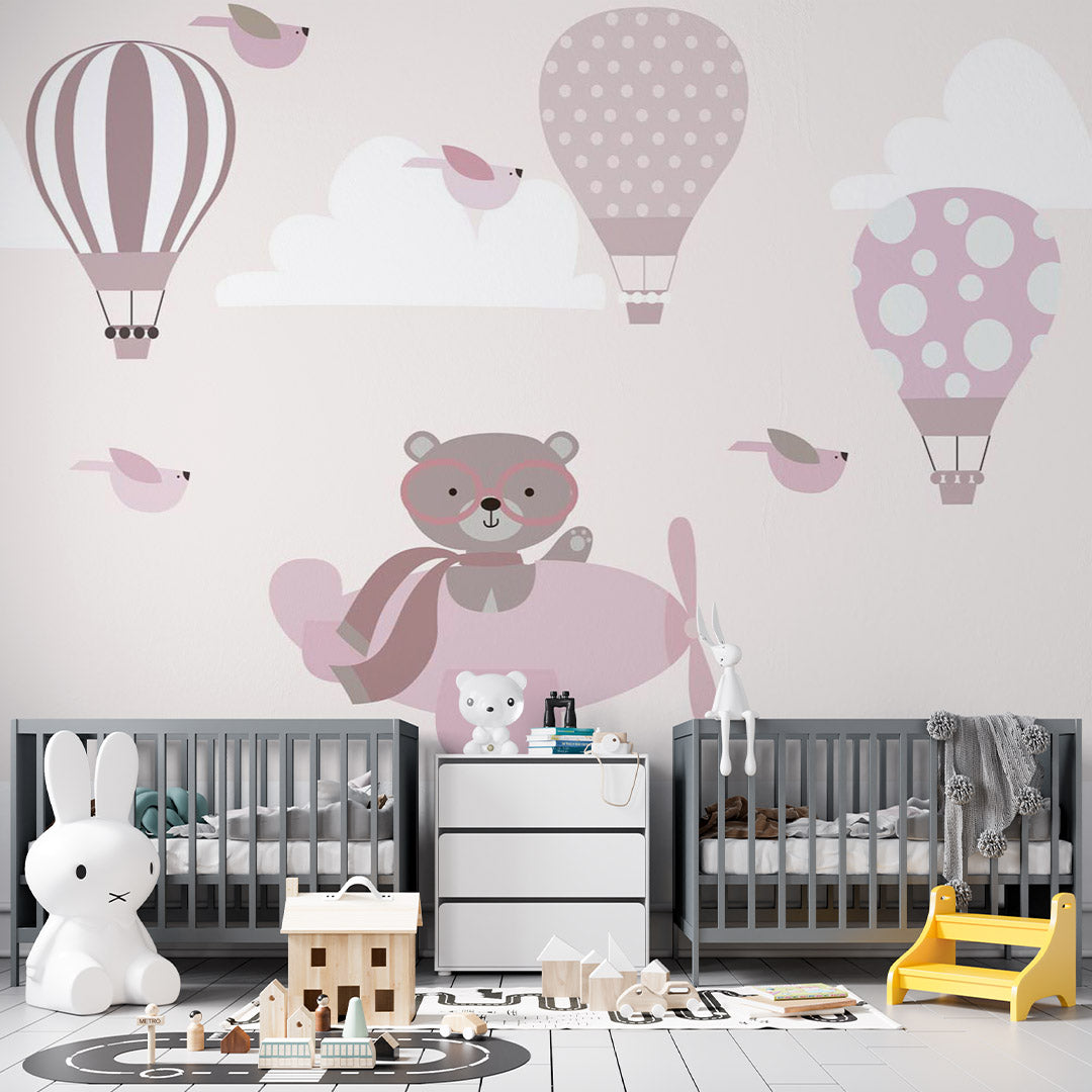 Kids Wall Mural Bear Airplane Pink Sky Hot Air Balloons Minimal Design Wallpaper for Kids