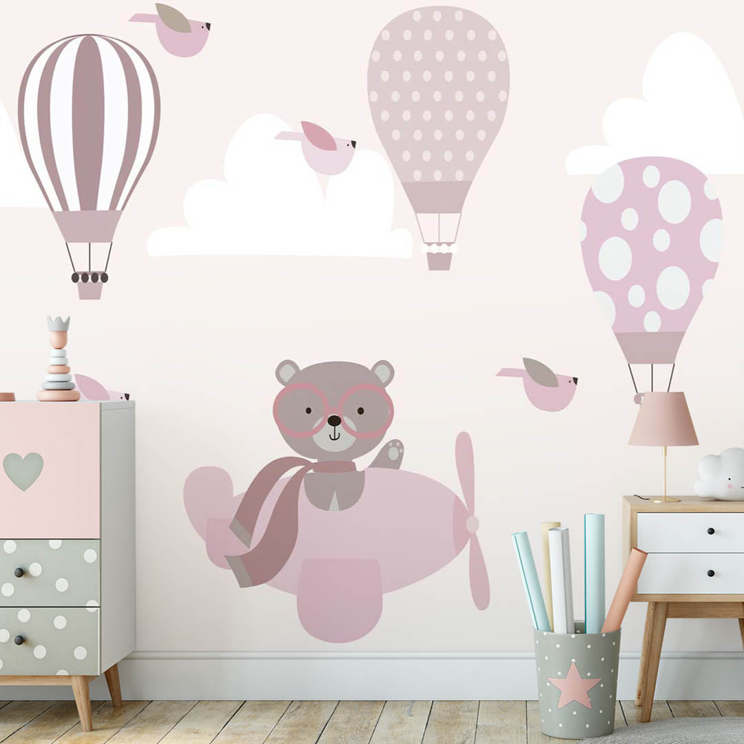 Kids Wall Mural Bear Airplane Pink Sky Hot Air Balloons Minimal Design Wallpaper for Kids