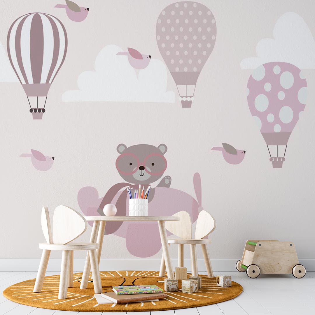 Kids Wall Mural Bear Airplane Pink Sky Hot Air Balloons Minimal Design Wallpaper for Kids