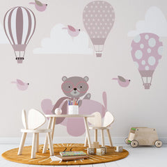 Custom Kids Wall Mural Bear Airplane Pink Sky Hot Air Balloons Minimal Design Wallpaper for Kids