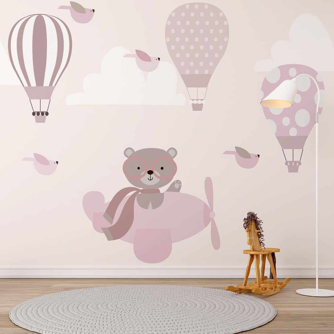 Custom Kids Wall Mural Bear Airplane Pink Sky Hot Air Balloons Minimal Design Wallpaper for Kids