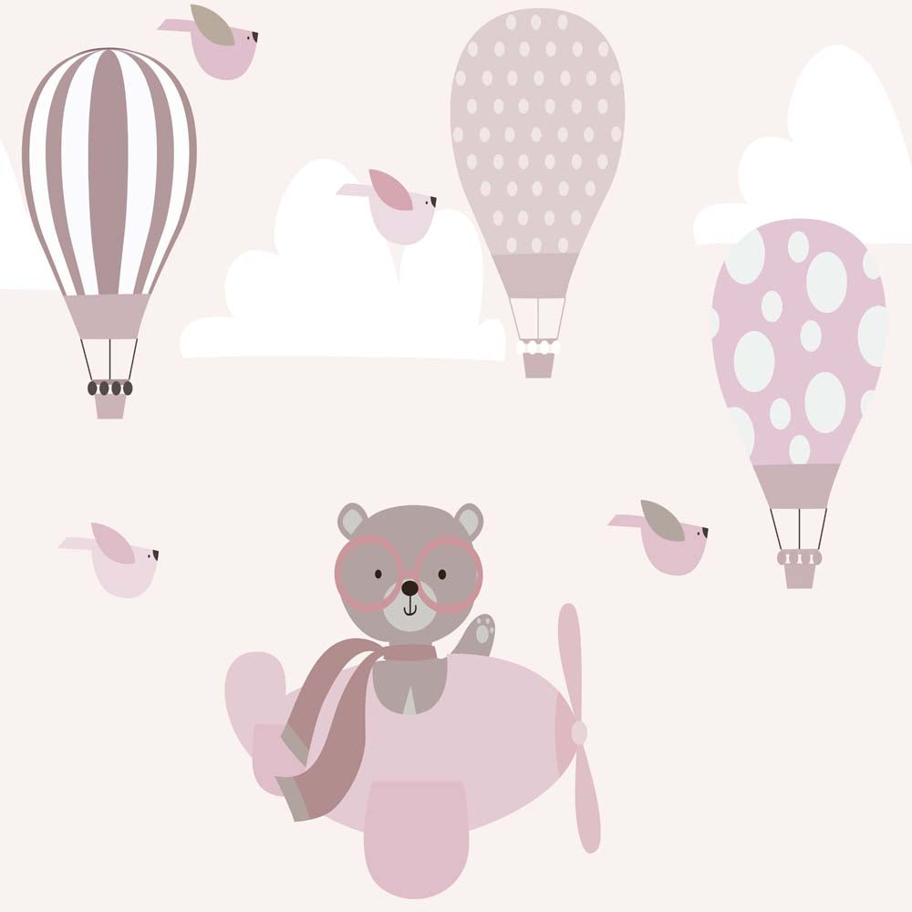 Kids Wall Mural Bear Airplane Pink Sky Hot Air Balloons Minimal Design Wallpaper for Kids