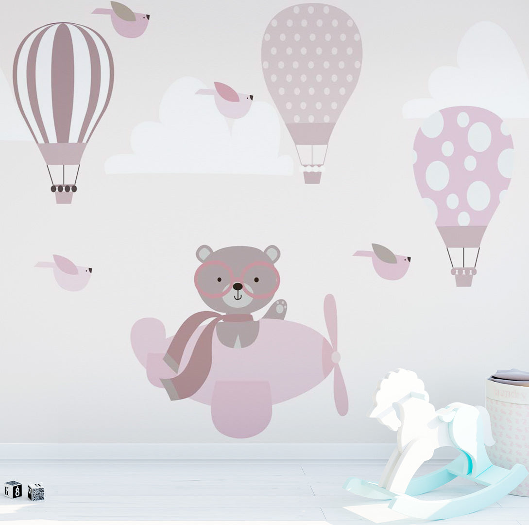 Kids Wall Mural Bear Airplane Pink Sky Hot Air Balloons Minimal Design Wallpaper for Kids