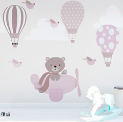 Custom Kids Wall Mural Bear Airplane Pink Sky Hot Air Balloons Minimal Design Wallpaper for Kids