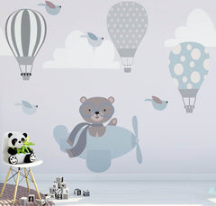 Custom Kids Wall Mural Bear Airplane Blue Sky Hot Air Balloons Minimal Design Wallpaper for Kids