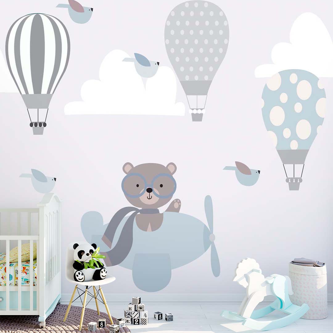 Custom Kids Wall Mural Bear Airplane Blue Sky Hot Air Balloons Minimal Design Wallpaper for Kids