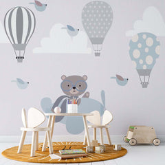 Custom Kids Wall Mural Bear Airplane Blue Sky Hot Air Balloons Minimal Design Wallpaper for Kids