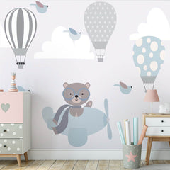 Custom Kids Wall Mural Bear Airplane Blue Sky Hot Air Balloons Minimal Design Wallpaper for Kids