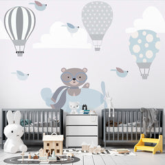 Custom Kids Wall Mural Bear Airplane Blue Sky Hot Air Balloons Minimal Design Wallpaper for Kids