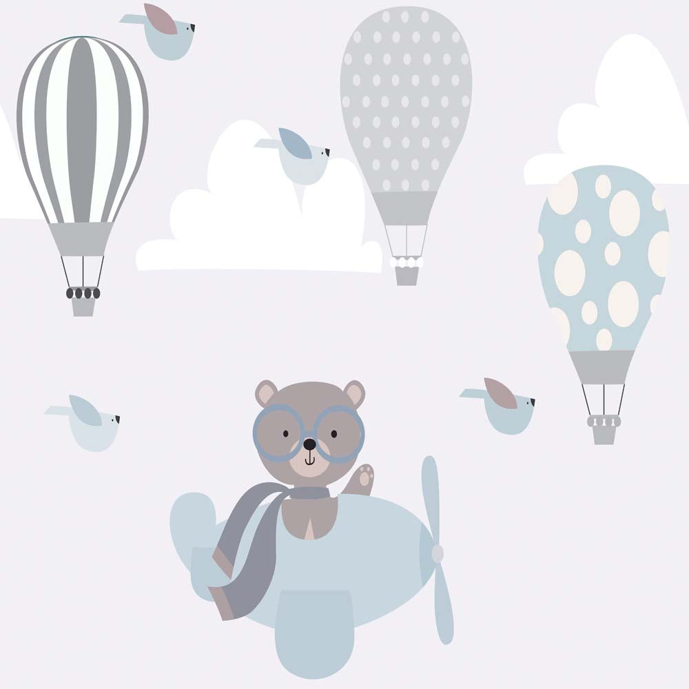 Papier peint ours pilote – Papier peint panoramique enfant ciel bleu et montgolfières