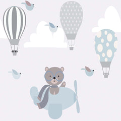 Custom Kids Wall Mural Bear Airplane Blue Sky Hot Air Balloons Minimal Design Wallpaper for Kids