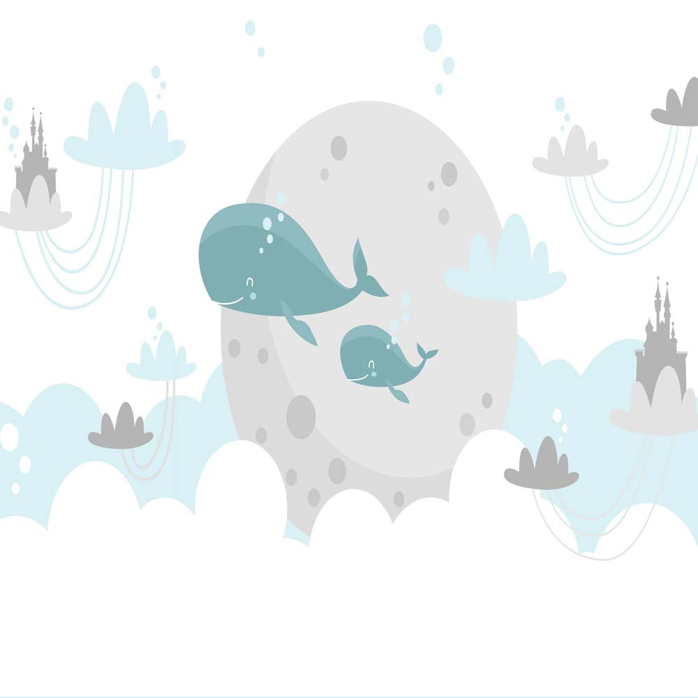 Kids Wall Mural Fairy Whale in Clouds Princess Castle Minimal Design Nursery Wallpaper