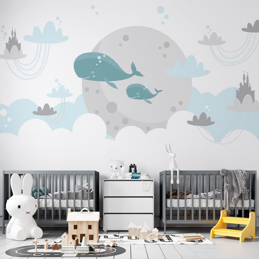 Kids Wall Mural Fairy Whale in Clouds Princess Castle Minimal Design Nursery Wallpaper