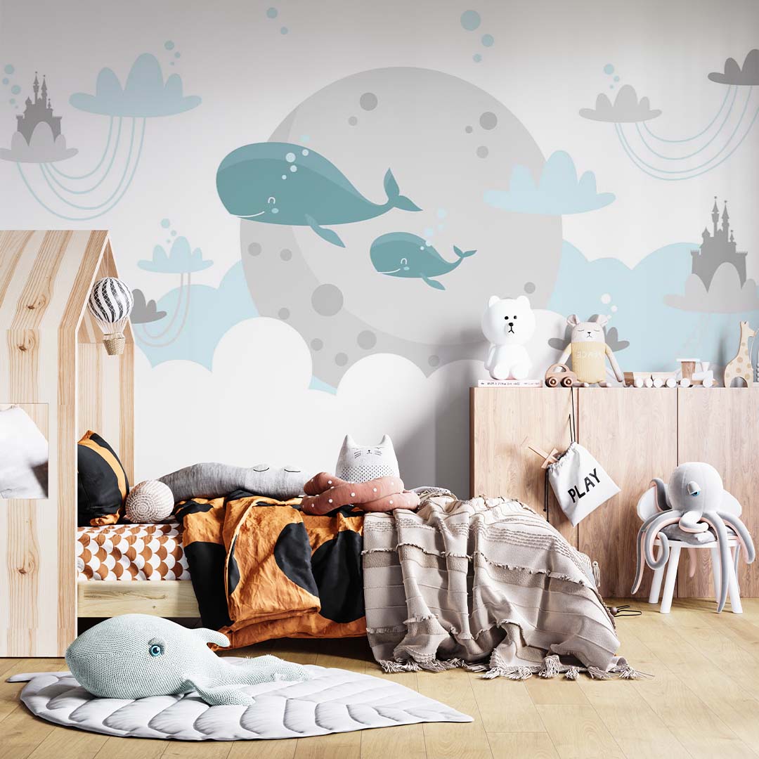 Kids Wall Mural Fairy Whale in Clouds Princess Castle Minimal Design Nursery Wallpaper