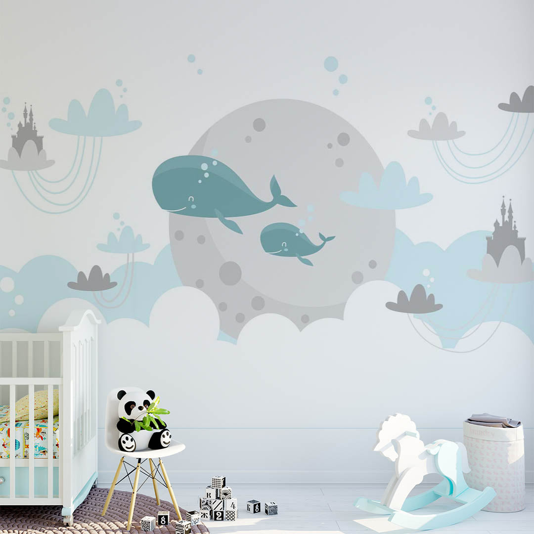 Kids Wall Mural Fairy Whale in Clouds Princess Castle Minimal Design Nursery Wallpaper