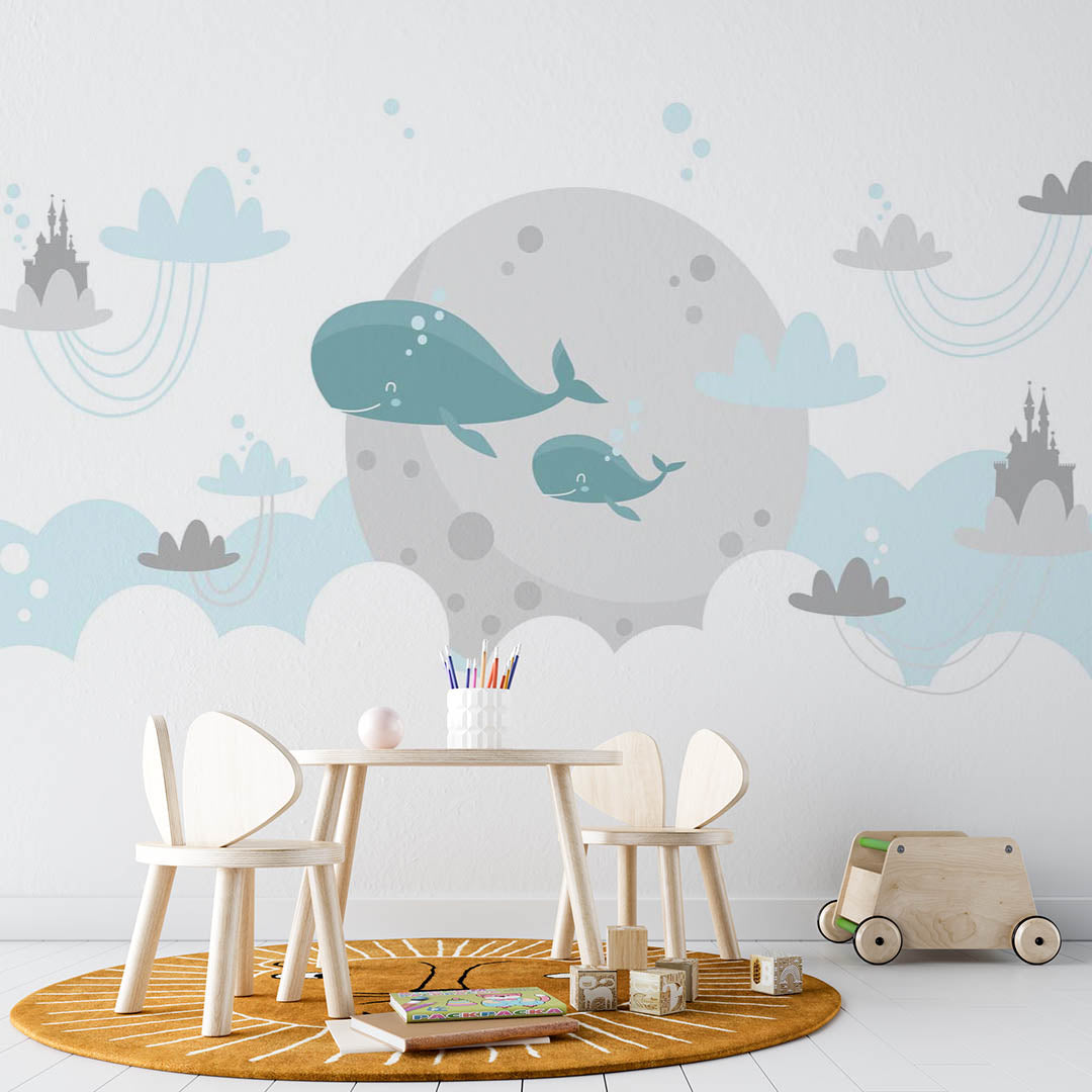 Kids Wall Mural Fairy Whale in Clouds Princess Castle Minimal Design Nursery Wallpaper