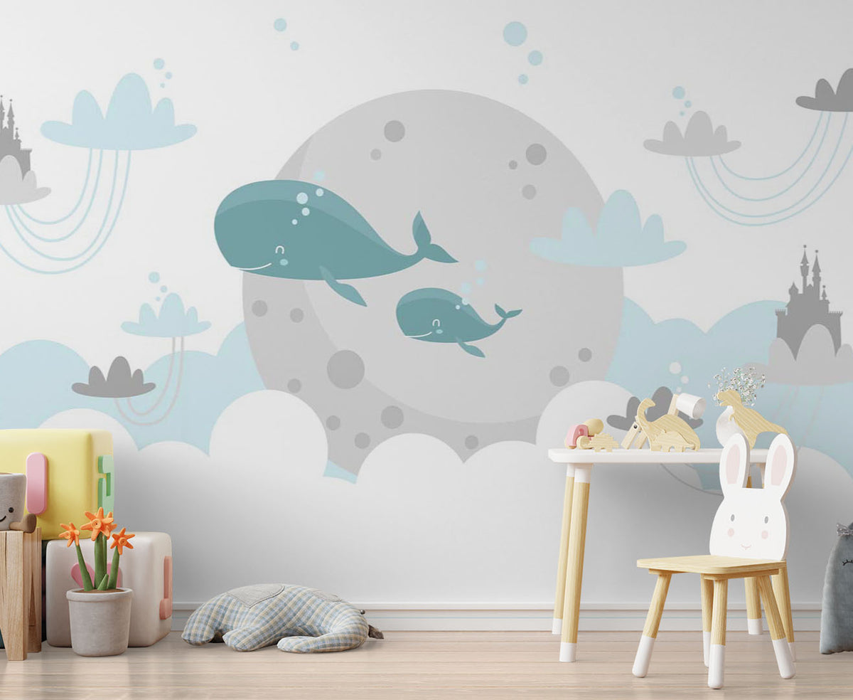 Kids Wall Mural Fairy Whale in Clouds Princess Castle Minimal Design Nursery Wallpaper