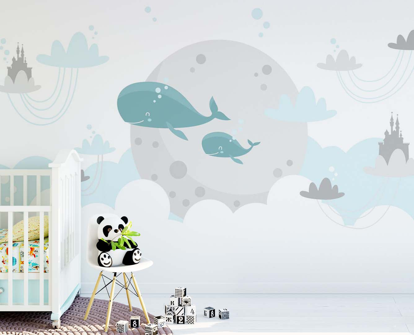 Kids Wall Mural Fairy Whale in Clouds Princess Castle Minimal Design Nursery Wallpaper