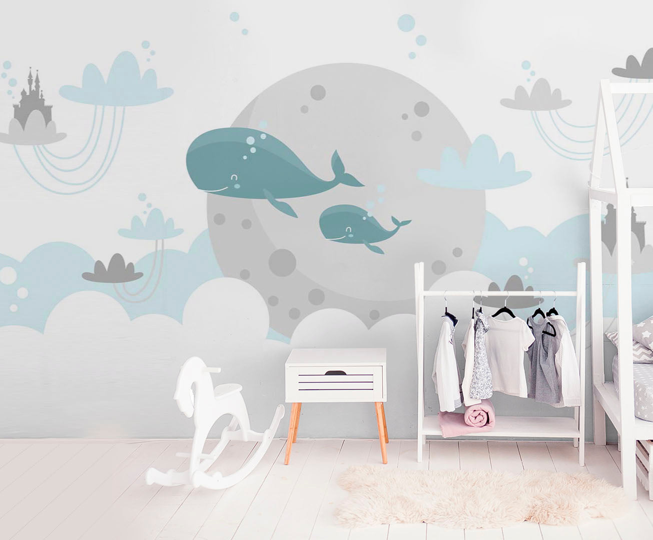 Kids Wall Mural Fairy Whale in Clouds Princess Castle Minimal Design Nursery Wallpaper