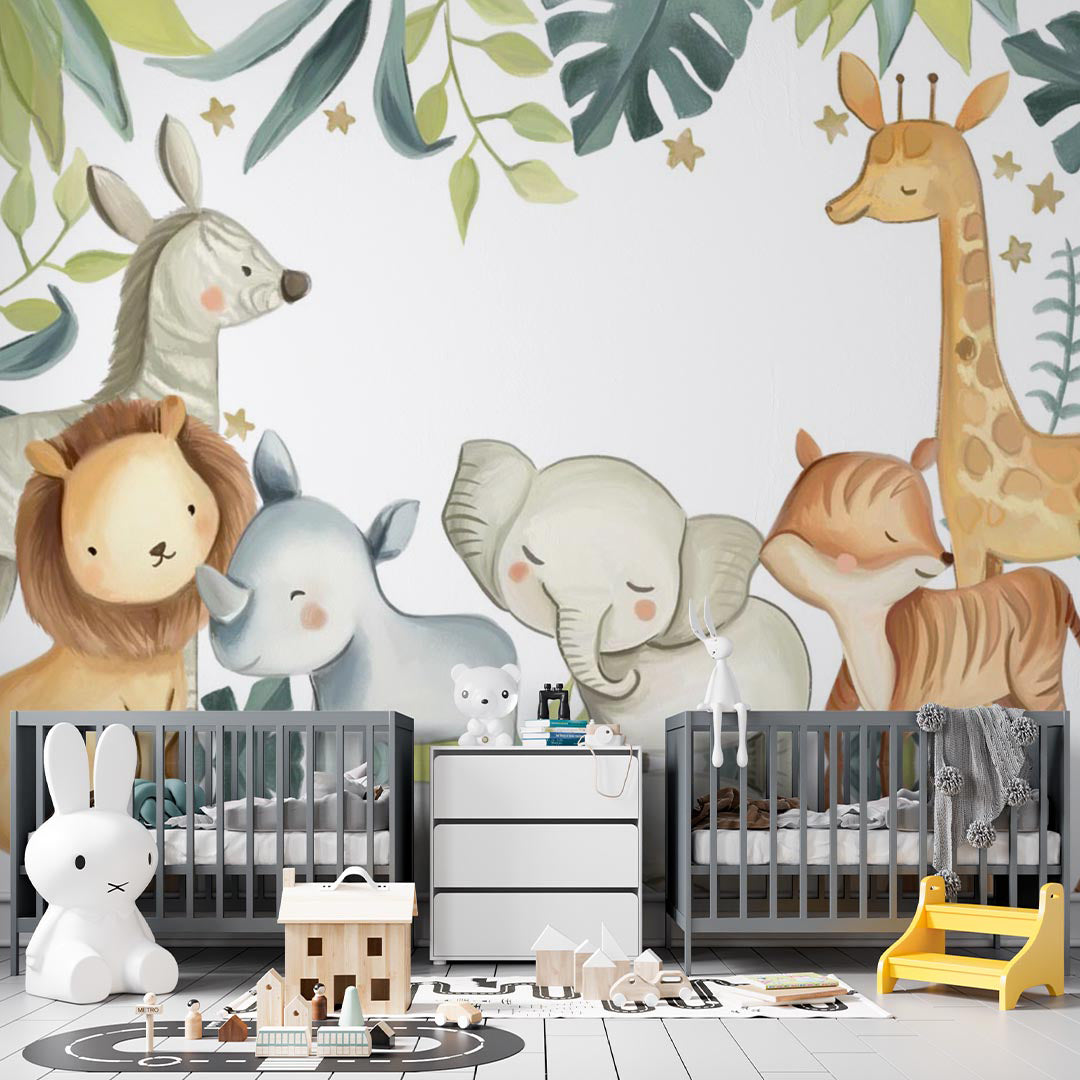 Kids Wall Mural Cartoon Safari Animals Nursery Wallpaper for Kids Room