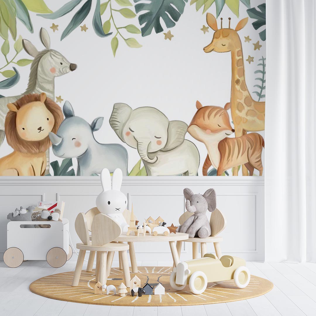 Kids Wall Mural Cartoon Safari Animals Nursery Wallpaper for Kids Room